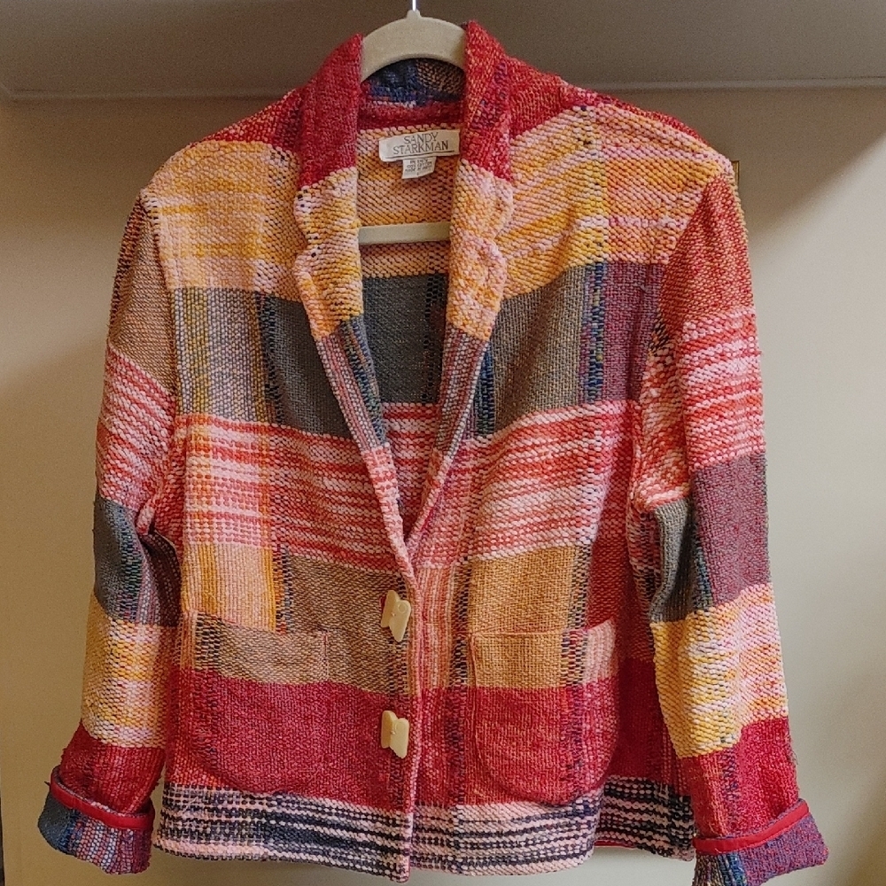 Sandy Starkman Woven Chenille Jacket Colorful Plaid Size M